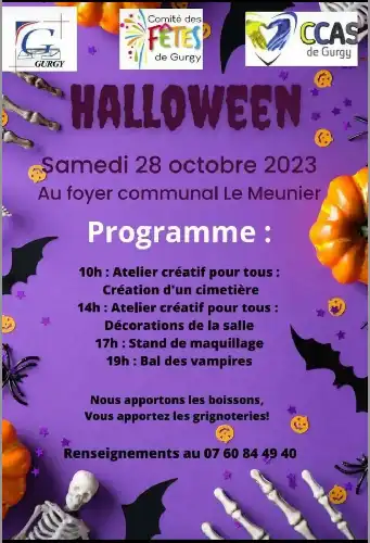 HALLOWEEN LE SAMEDI 28 OCTOBRE AU FOYER COMMUNAL LE MEUNIER A GURGY