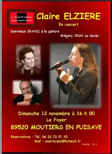 Claire ELZIÈRE EN CONCERT À MOUTIERS LE DIMANCHE 12 NOVEMBRE