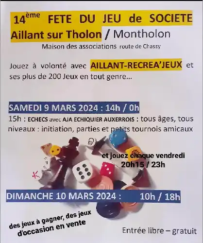 JOURNÉES JEUX DE SOCIÉTÉ À AILLANT SUR THOLON LES 09 ET 10 MARS