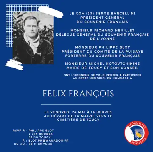 GESTE MÉMORIEL À TOUCY EN MÉMOIRE À FÉLIX FRANÇOIS LE VENDREDI 24 MAI À 14H