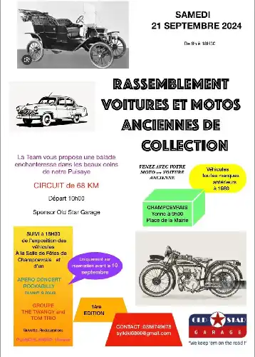 RASSEMBLEMENT VOITURES ET MOTOS ANCIENNES LE SAMEDI 21 SEPTEMBRE À CHAMPCEVRAIS À 9H00