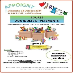 BOURSE AUX JOUETS ET AUX VÊTEMENTS LE DIMANCHE 13 OCTOBRE À APPOIGNY À PARTIR DE 09H