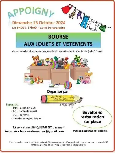 BOURSE AUX JOUETS ET AUX VÊTEMENTS LE DIMANCHE 13 OCTOBRE À APPOIGNY À PARTIR DE 09H