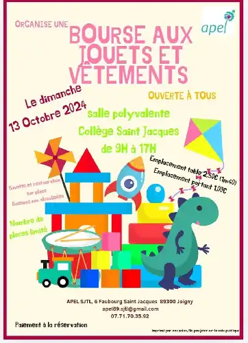 BOURSE AUX JOUETS ET AUX VÊTEMENTS LE DIMANCHE 13 OCTOBRE À JOIGNY À LA SALLE POLYVALENTE