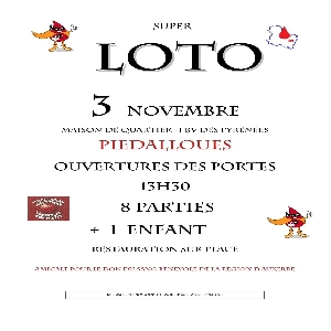 LOTO LE 03 NOVEMBRE AUX PIEDALLOUES À AUXERRE PAR L'AMICALE POUR LE DON DU SANG BÉNÉVOLE RÉGION D'AUXERRE À PARTIR DE 13H30