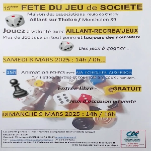 15EME FÊTE DU JEU DE SOCIÉTÉ LE SAMEDI 08 MARS ET LE DIMANCHE 09 MARS À PARTIR DE 14H À MONTHOLON