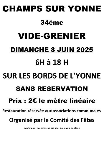 VIDE GRENIERS À CHAMPS SUR YONNE LE DIMANCHE 08 JUIN À PARTIR DE 6H