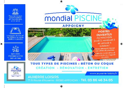 PORTES OUVERTES CHEZ MONDIAL PISCINE LES 2 - 3 - 4 OCTOBRE À APPOIGNY